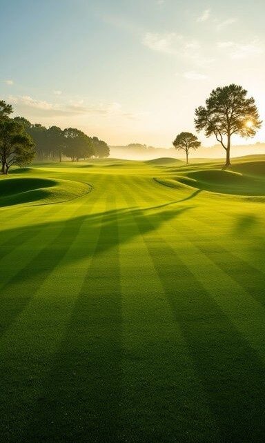 Sunlit golf fairway with rolling slopes, contours, and scattered trees