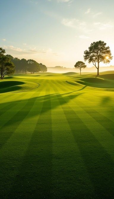 Sunlit golf fairway with rolling slopes, contours, and scattered trees