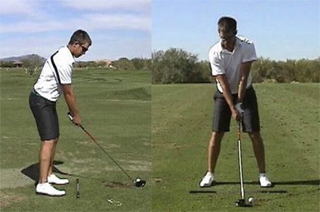 Golfer demonstrating driver setup and address position on a course